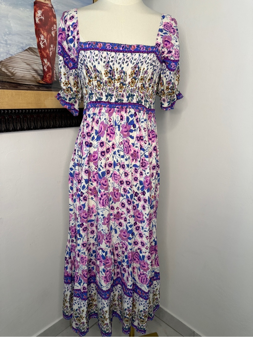 Naggoo Smocked Square-Neck Floral Maxi Dress in White and Purple